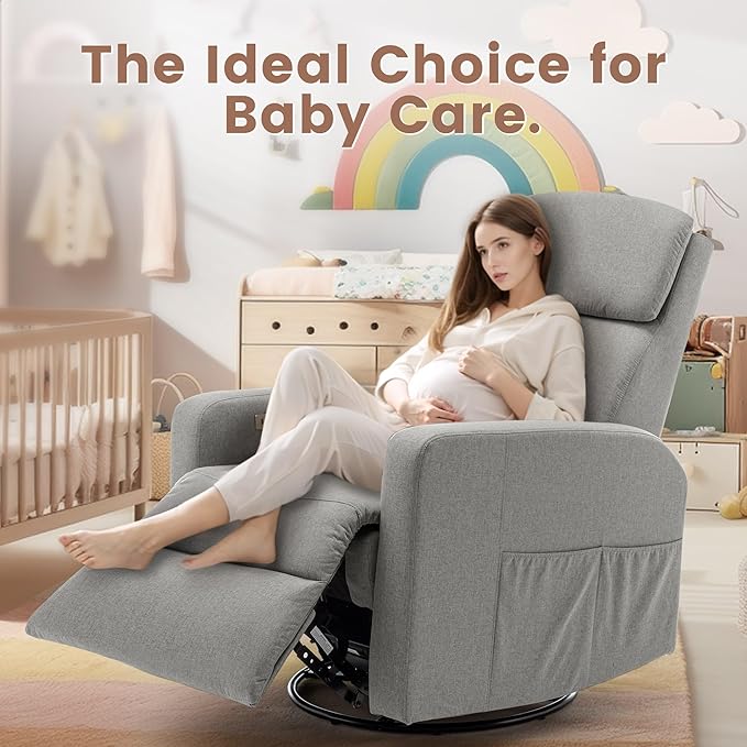 Power Swivel Recliner Chairs for Adults Electric Glider Rocking Chair Nursery Glider Recliner Nursery Chair with Classified Side Pocket Nursery Rocking Chairs with USB and Type-C Ports