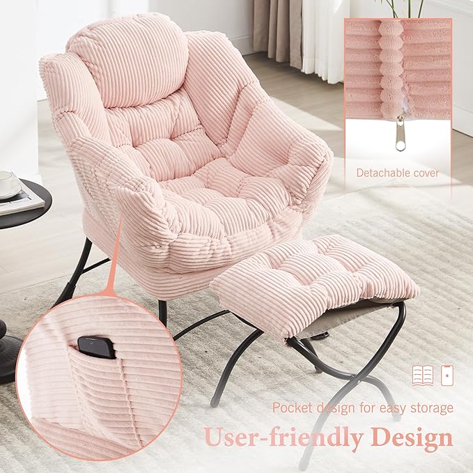 HOMEFUN Lazy Chair with Ottoman Bedroom Chairs for Adults Comfy Reading Chair for Living Room Office Modern Lounge Accent Chair with Armrests Ergonomic Footrest for Small Spaces Pink