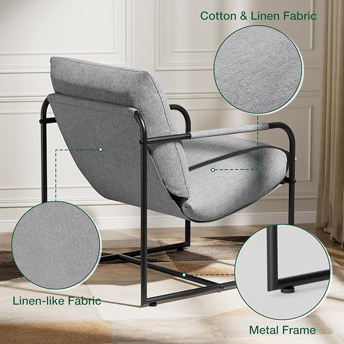 HOMMPA Sling Accent Chair Steel Arm Chair Living Room Chair with Side Storage Pocket Reading Accent Chair Mid Century Modern Bedroom Chair Metal Frame &amp Linen Fabric Cover