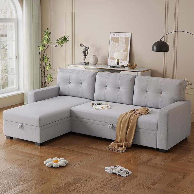 82 L Shaped Sleeper Sofa Bed with Storage ChaiseConvertible Sectional Pull Out Couch with 3 Tufted Back Cushionfor Living RoomApartmentOfficeLight Gray