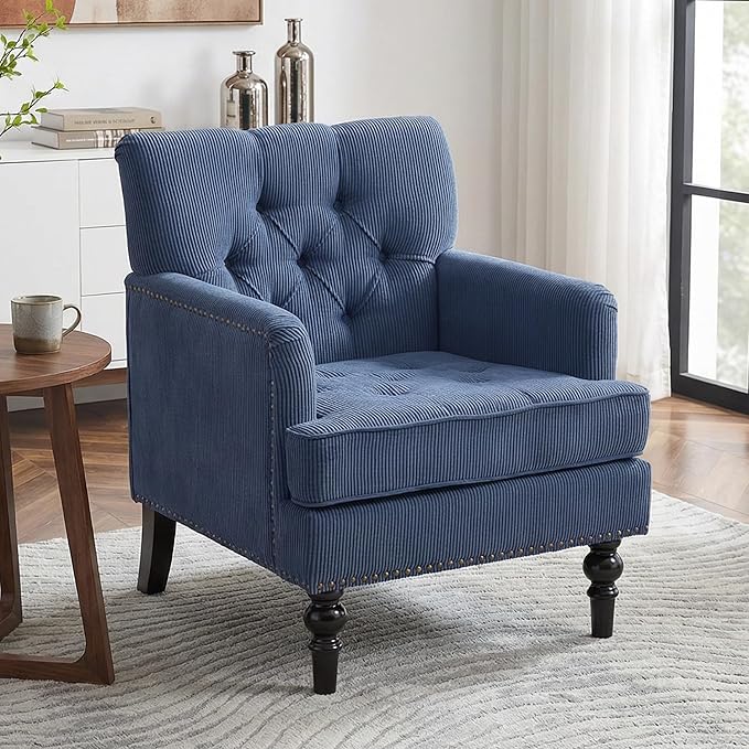 Tufted Corduroy Armchair with Nailhead TrimMid Century Modern Fabric Upholstered Accent Side Chair for Living Room Bedroom26.4 Arm Chair with Solid Wood LegsReading Club Chair (1 Blue)