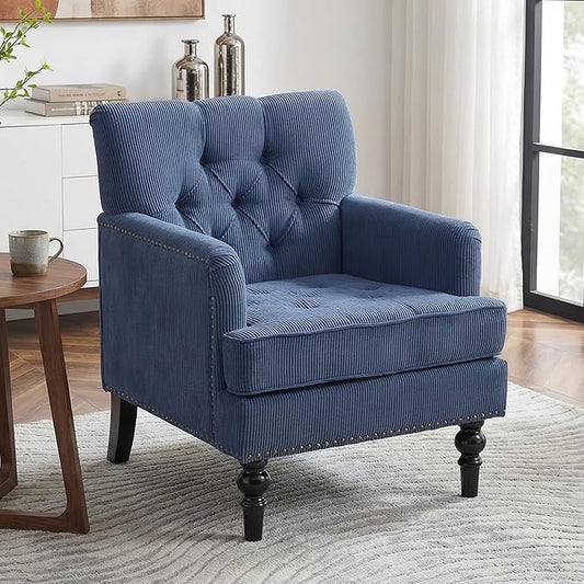 Tufted Corduroy Armchair with Nailhead TrimMid Century Modern Fabric Upholstered Accent Side Chair for Living Room Bedroom26.4 Arm Chair with Solid Wood LegsReading Club Chair (1 Blue)