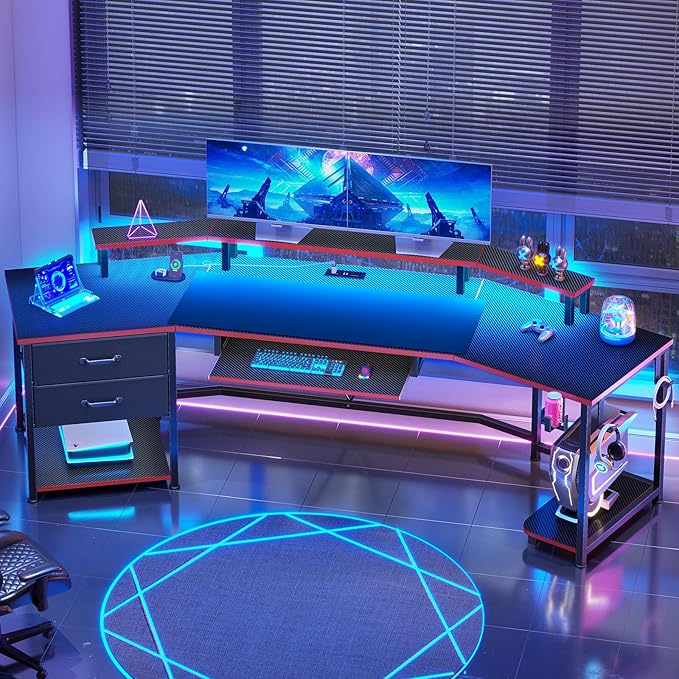 Itaar 79 Gaming Desk with 2 Fabric Drawers Long Computer Desk with Power Strip &amp LED Lights U Shaped Desk wtih Storage and Cup Holder Large Gaming Table for Bedroom Carbon Fiber Black+Red