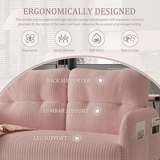 Pink Small Loveseat Sofa - 47 Mini Couch for Bedroom Comfy Corduroy Fabric 2-Seat Sofa Couch with Solid Wood Frame for Living Room Small Space Dorm Easy Assembly (Pink) | Sturdy and Durable
