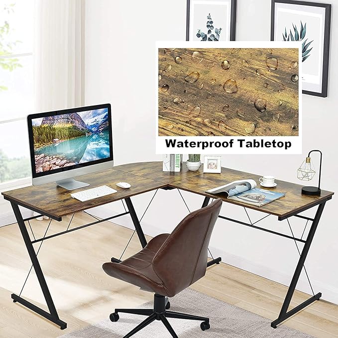 GRAFFY L-Shaped Computer DeskGaming Corner Desk Writing Workstation with Large Monitor Stand Study Desk with Round Corner Multifunctional Home Office Desk (Brown)