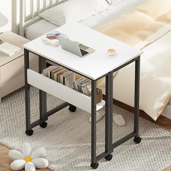 GreenForest Folding Desk Small Rolling Desk with Storage Shelf 24.8 inch Foldable Computer Desk with Wheels for Small Space Easy AssemblyWhite