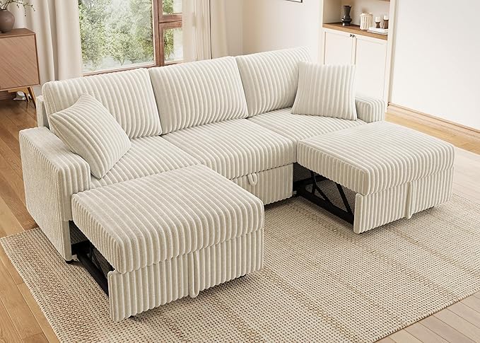HONBAY 94.5 Inch Sectional Sofa Modular L &amp U Shaped Pull Out Couch with Adjustable Backrest &amp Storage Velvet White