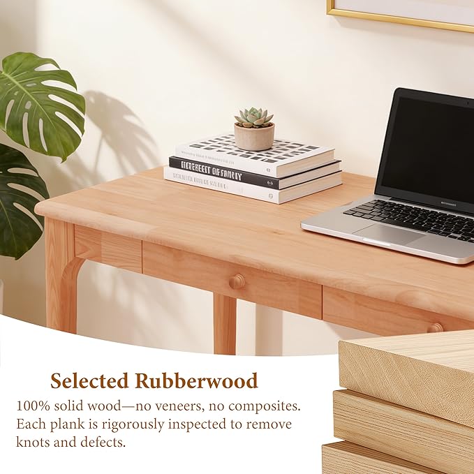 Natural Solid Wood Desk with Drawers Mid Century Modern Real Wood Writing Desk Home Computer Office Desks for Work Standing Desk for Bedroom Small Spaces (Wood Color 40×22(100×56cm))