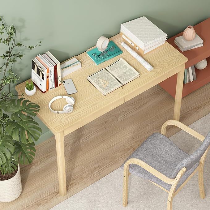 100% Solid Wood Desk with 2 Drawers 47 Inch Mid Century Modern Desk Vintage Writing Ash Wooden Desks Computer Table for Home Office Bedroom Living Room
