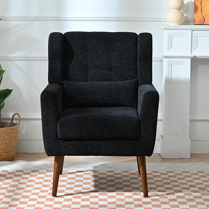 Modern Accent Chair Chenille Fabric Upholstered Tufted Side Chair Wingback ChairMid Century Reading Armchair with Waist Pillow Backrest for Living Room Bedroom (Black)