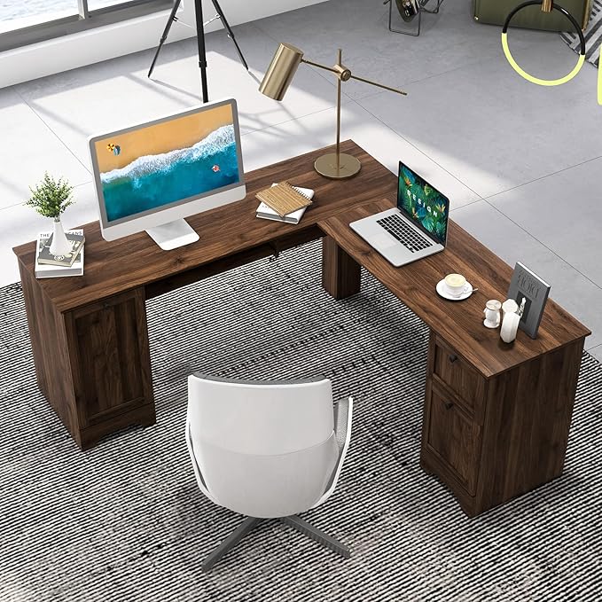 Tangkula L-Shaped Office Desk with Storage Drawers &amp Keyboard Tray Home Office Corner Computer Desk with Cabinet &amp Inner Adjustable Shelf Space-Saving Study Writing Desk Computer Workstatio