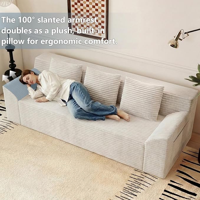 71 Cloud Loveseat SofaBoneless Deep Seat 2-Seater with 3 Pillows&ampSide PocketNo Assembly Foam Floor CouchPlush Corduroy FabricModern Living Room Sofa for Small Space (Tilted Armrest White)