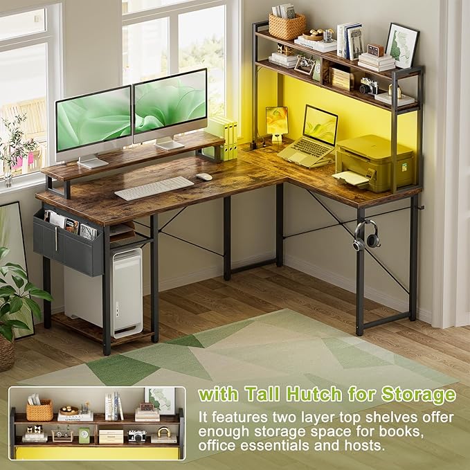 Small L Shaped Gaming Desk with Power Outlets 48 Reversible L Shaped LED Computer Desk with Monitor Stand &amp Storage Shelf Corner Gamer Desk Home Office Desk with Storage Bag Rustic Brown
