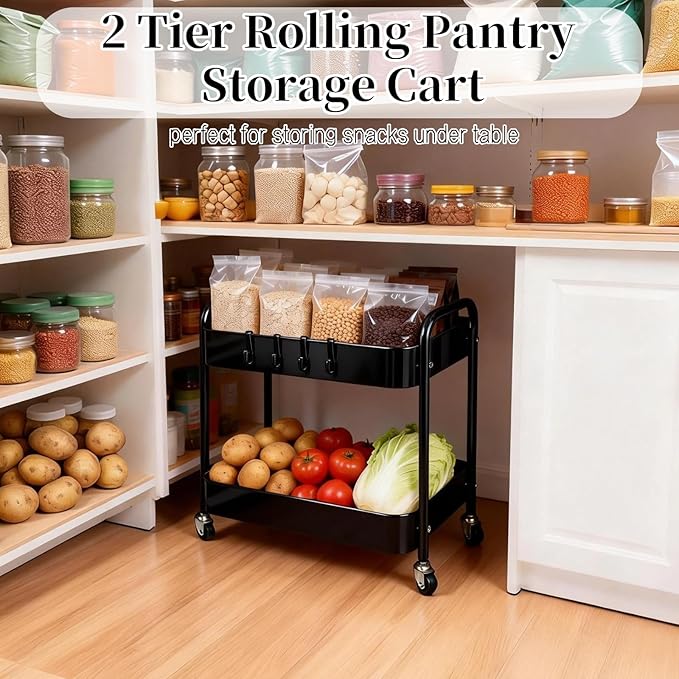 2 Tier Rolling Cart with Wheels for Under Desk Storage &amp Pantry Room Large Capacity Laundry Room &amp Makeup Organizer Sturdy Kitchen Utility Cart for Small Space with 4 Hooks Black
