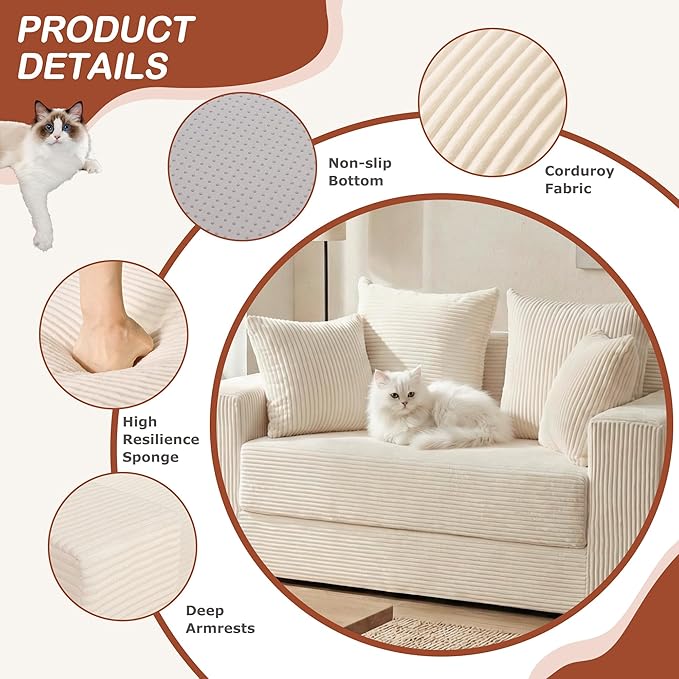 Convertible Sofa Bed 5 In 1 Small Boneless Couch Pull Out Loveseat Sleeper SofaCorduroy Futon Couch Folding Mattress with 4 Pillows for Living Room Bedroom Lounge (No Assembly) (Beige 58Inch)