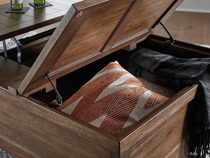 Signature Design by Ashley Moriville Rustic Hinged and Lift Top Cocktail Table with Hidden Storage Light Brown