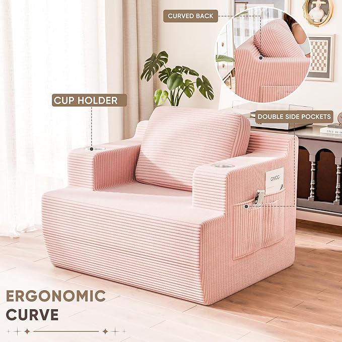 Homall 42” Single Sofa Foam Couch for Small Spaces Upholstered Floor Sofa with Cup Holder &amp Storage Pocket Boneless Couch for Bedroom Living Room (Pink Single)