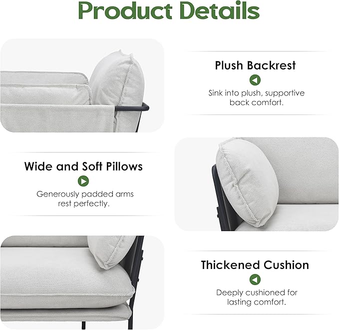 Modern Accent Chair for Living Room Oversized Reading Chair with Solid Metal Legs Upholstered Fabric Armchair with Side Pockets and 2 Pillows Comfy Accent Chairs for Bedroom Nursery White