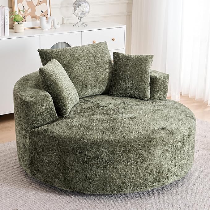 54.5 Green Oversized Swivel Barrel Chair - Chenille Comfy Modern Sofa Chair Fluffy Upholstered Round Accent Chair Cloud Lounge Armchair with 3 Pillows for Living Room Apartment