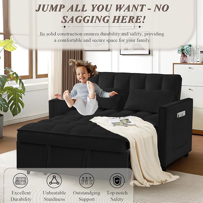 3 in 1 Convertible Sleeper Sofa Bed Futon Couches for Living Room with Side Pocket/Adjustable Backrest Velvet Upholstered Pull Out Couch Small Loveseat Sofa Bed for Bedroom Office Small Spaces