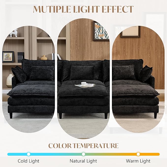 SAMERY 111 U Shaped Couch Cloud Sofa Modular Sectional Couch with 3 Large Ottomans Black 3 Seater Chenille Oversized Deep Seat Sectional Sofa with Pillows for Living Room Bedroom Apartment
