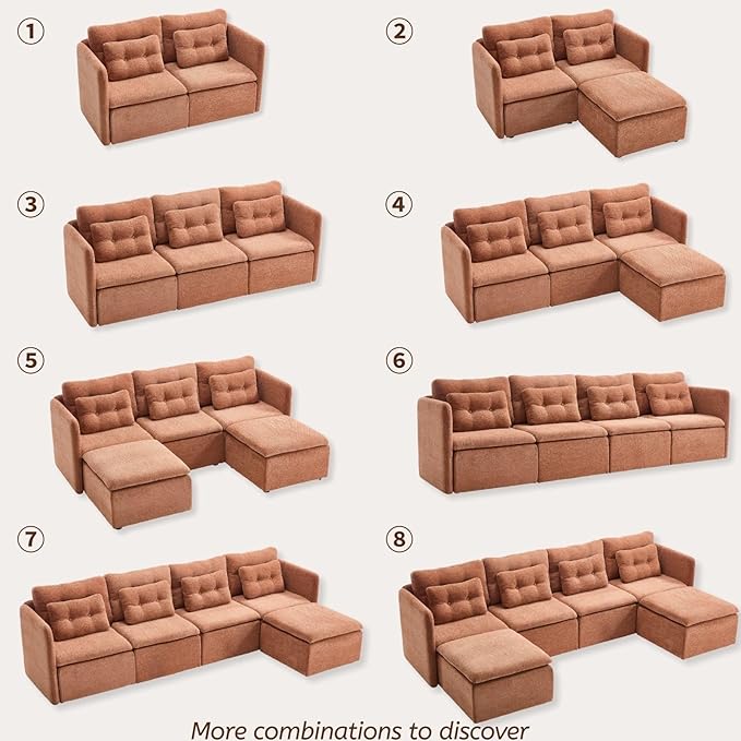 LukeAlon L Shaped 4 Seater Modular Sectional Sofa Couch with Waist Pillow Modern Chenille Sofa Set with Ottoman 110 Comfy Upholstered Sleeper Sofa Couches for Living Room Office Light Brown