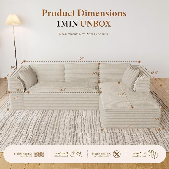 Vesgantti 106 Modular Sectional Sofa with Chaise Deep Seat Comfy Cloud Couch Corduroy L Shaped Sofa Sectional Couches for Living Room Bedroom No Assembly Required (Camel Right-Facing Chaise)