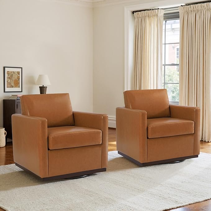 Faux Leather Swivel Accent Chairs Set of 2 360° Swivel Upholstered Club Armchairs for Living Room 31 Wide Square Single Sofa Reading Chair with Deep Seat Metal Swivel Base Light Brown