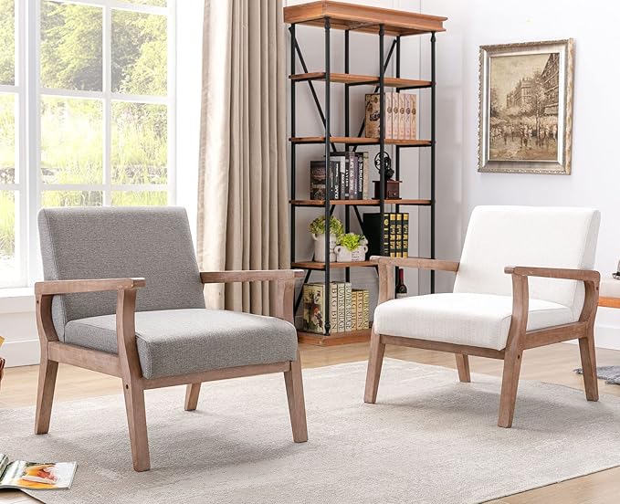 VESCASA 23.2 W Accent Chairs Set of 2 with Arms Farmhouse Side Chairs with Upholstered Seat Mid Century Modern Reading Chairs with White Wash Wood Legs for Living Room/Bedroom Light Grey Linen