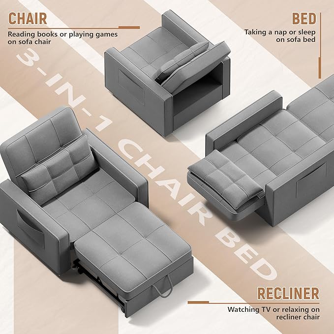 Flamaker Sofa Bed Sleeper Sofa 3-in-1 Adjustable Couch Bed with Modern Linen Fabric Convertible Sleeper Chair Couches for Living Room Apartment and Small Space (Bright Gray)