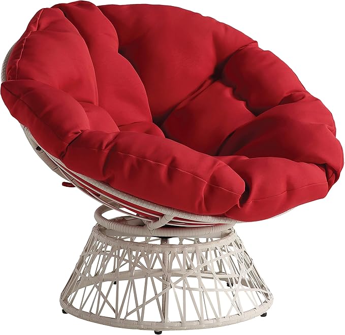 OSP Home Furnishings Wicker Papasan Chair with 360-Degree Swivel Cream Frame with Red Cushion
