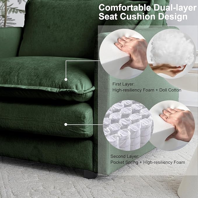 KIVENJAJA Chenille Single Sofa Chair 41.4”W Oversized Accent Chairs Modern Upholstered Deep Seat Comfy Armchair with Pillow for Living Room Bedroom Office Apartment Green