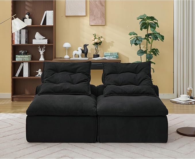 JUSTONE Modular Floor Sofa 2-Seater Armless Chair with Neck Pillow Soft Corduroy Fabric for Living Room Apartment Guest Room Black