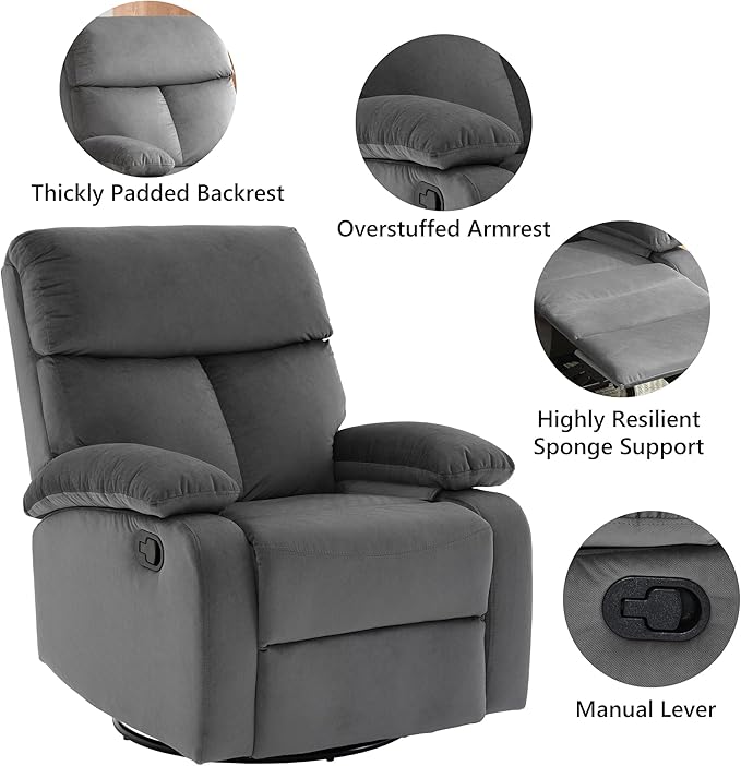 Swivel Rocker Recliner Rocking Small Reclines for Small Spaces Velvet Single Recliner Chair Sofa for Living Room Nursery Bedroom Dark Grey