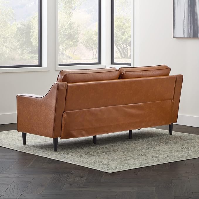 Edenbrook Jensen Upholstered Couch - Camel Faux Leather for Living Room - Small Seats Three - Scoop Arm Modern Furniture