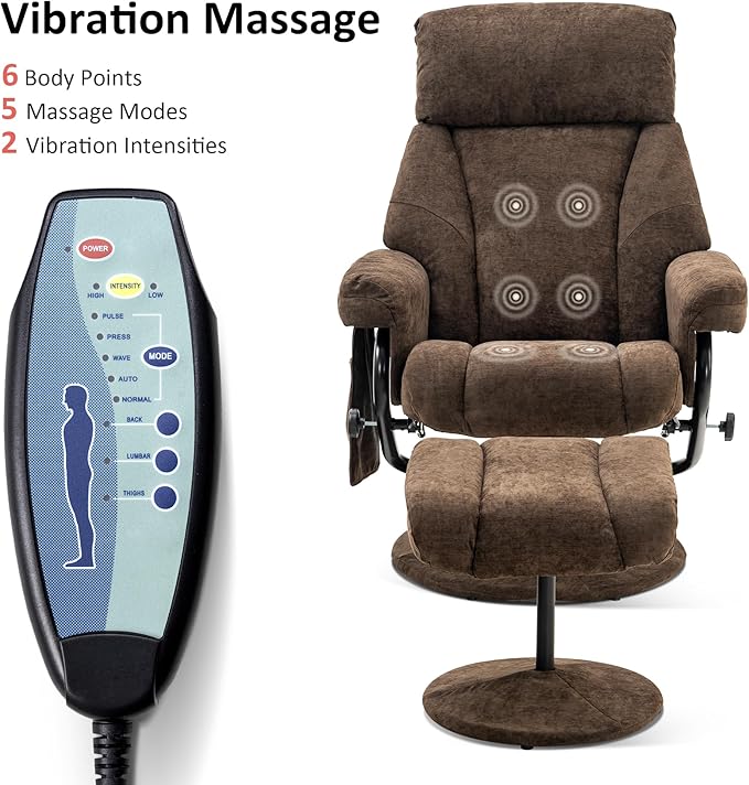 MCombo Swivel Recliner with Ottoman TV Chair with Vibration Massage Ideal for RV Small Space Living Room &amp Bedroom 4828 (Textile Dark Brown)