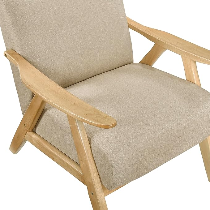 Lexicon Mid Century Modern Accent Chair with Solid Wood Frame in Natural Finish Textured Fabric Living Room Lounge Arm Chair Thick and Comfy Innerspring Seat Cushion Linen-Look Fabric Light Brown