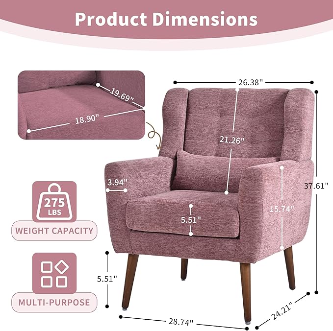 Modern Accent Chair Upholstered Arm Chair with Waist Pillow Single Sofa Chair for Living Room Bedroom Small Spaces (Purple)