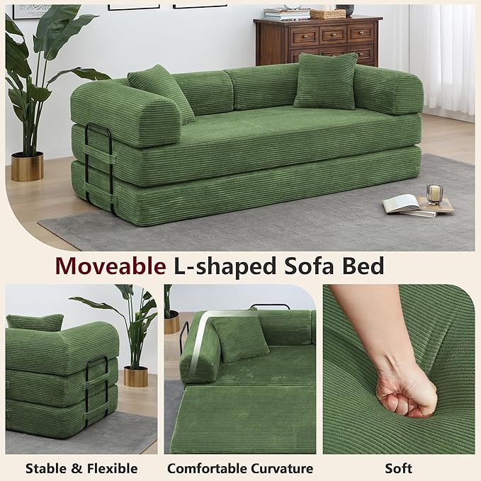 JJJ 63 inch Sofa Bed 4-in-1 Boneless Convertible Corduroy Sleeper Folding Couch with Fixed-Shape Frame and 2 Futons No Assemble Required 3 Seater Upholstered for Living Room (Olive Green 63 inch)