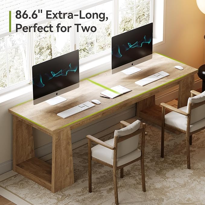 LITTLE TREE 86.6 Two Person Office Desk Computer Desk Gaming Double Desks for 2 People Wood Large Writing Table Home Office Workstation for 2 Natural Oak