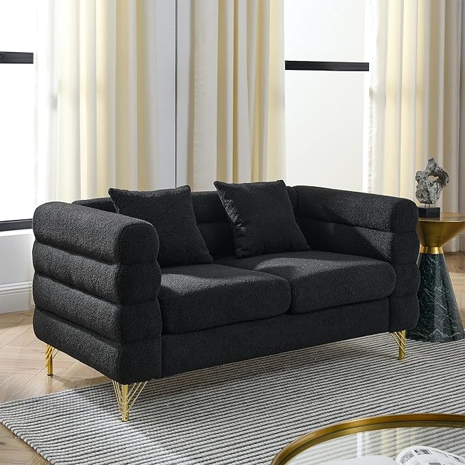 Loveseat Modern Sofa 60 Teddy Boucle Comfy Cloud Couch Upholstered Deep 2 Seater Sherpa Couch Set with Stylish Metal Legs for Living Room Home Office Bedroom Apartment Black