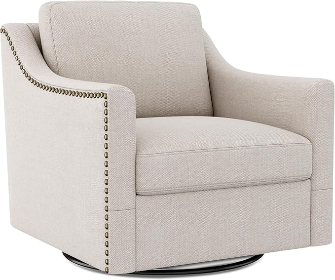 Swivel Accent Chair Modern Comfy Linen Upholstered Barrel Armchair with Nailhead Decor and Metal Base Soft Oversized Round Swivel Chair for Living Room Bedroom Club (1 Beige)