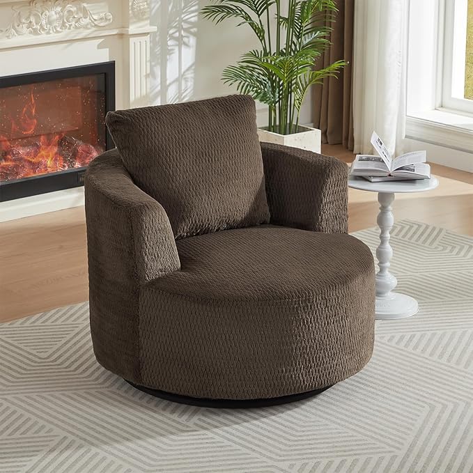 35W Brown Chenille Swivel Accent Barrel Chair Comfy Round Accent Sofa Chair 360 Rotation Degree Club Chair Leisure Arm Chair for Nursery Bedroom Living Room Hotel Office (35 Dark Brown)