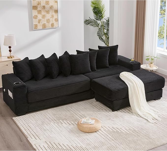 Oversized L-Shaped Modular Sectional Sofa Couch with 8 Pillows Convertible Corduroy Sleeper Sofa Bed with Cupholders &amp Storage Pockets Cloud Couch with Movable Ottoman for Living Room Black