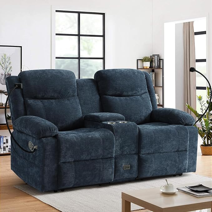 Manual Reclining Loveseat Sofa with 360°Adjustable Phone Holder Center Console Storage with Type-C Charging &amp USB Adjustable Headrest Cupholders Hidden Storage Drawer Living Room Home Theate