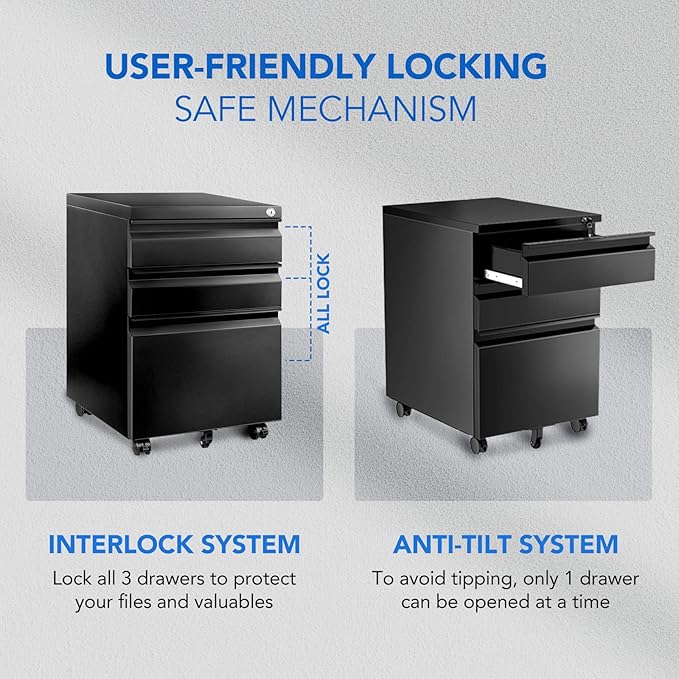 FLEXISPOT 3-Drawer Mobile File Cabinet for Home Office - Under Desk Storage Locking Keys Organizer for Legal/Letter/A4 Files Black