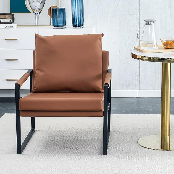 PU Leather Accent Arm Chair Mid Century Modern Upholstered Armchair with Metal Frame Extra Thick Padded Backrest and Seat Cushion Sofa Chairs for Living Room (Brown PU Leather Metal Frame Foam)
