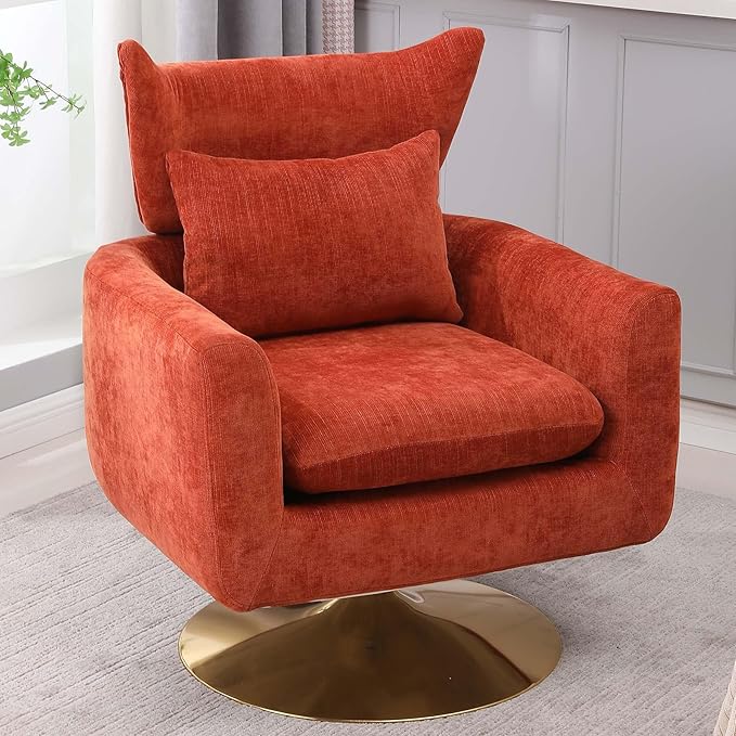 Swivel Accent Chairs for Living Room Mid Century Modern Accent Chair with Arms Comfy Side Chairs for Living Room with Gold Base &amp Lumbar Pillow Upholstered Armchair with Wingback (Orange)