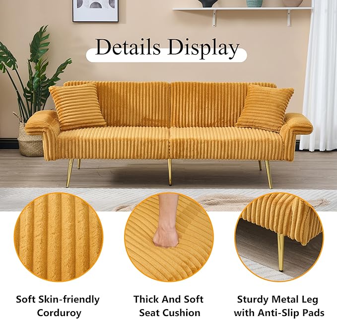 79 W Foldable Sofa BedOverstuffed Futon LoveseatComfy Upholstered Sofa Chair with Adjustable Armrests &amp BackrestConvertible Extra Deep Sleeper Sofabed for Living Room (Yellow 2 Seat)