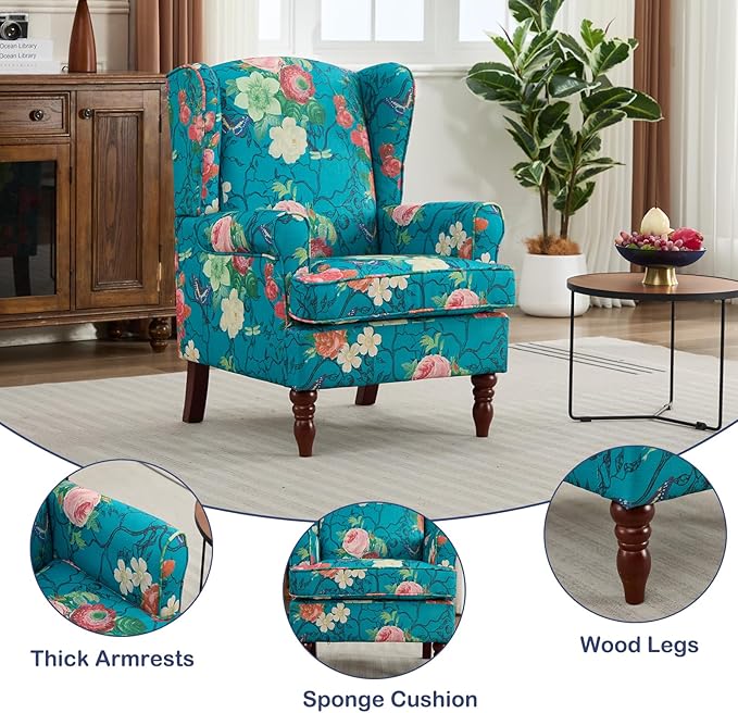 Chifee &amp Vingol Wingback Chair High Back Armchair Upholstered Living Room Chairs Comfy Single Sofa ChairCyan